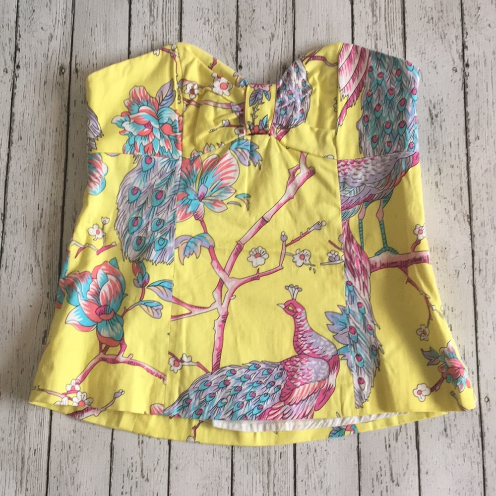 Tibi yellow peacock print strapless bustier top - Picture 2 of 6
